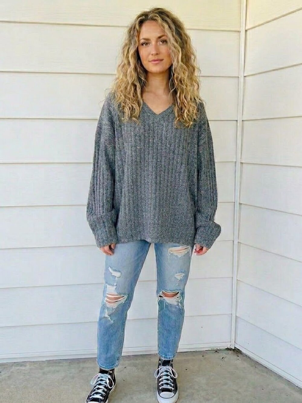 Quick Reflex Ribbed V-Neck Sweater Dark Grey Size Medium Y2K Unisex 90's Grunge